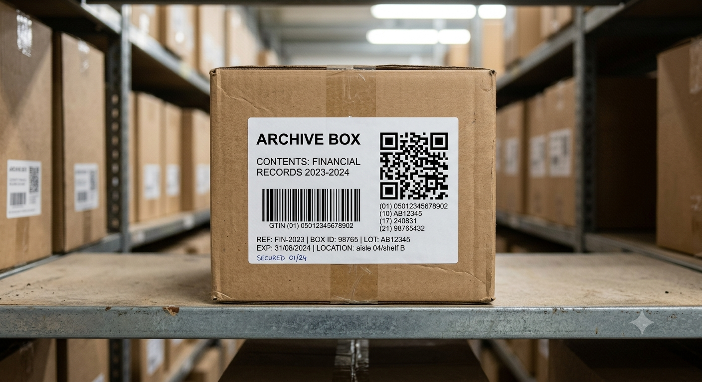 Labelled archive box with a GS1 QR code