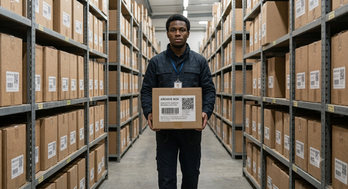 Staff member scanning an archive box